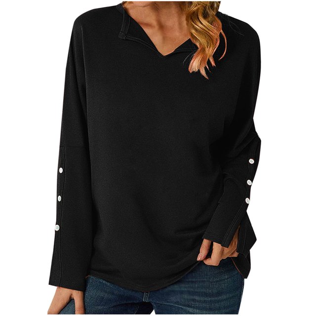 Timegard Tops for Women Fall Casual Loose Comfy Shirts Tops Notched V Neck Button Long Sleeve Blouse