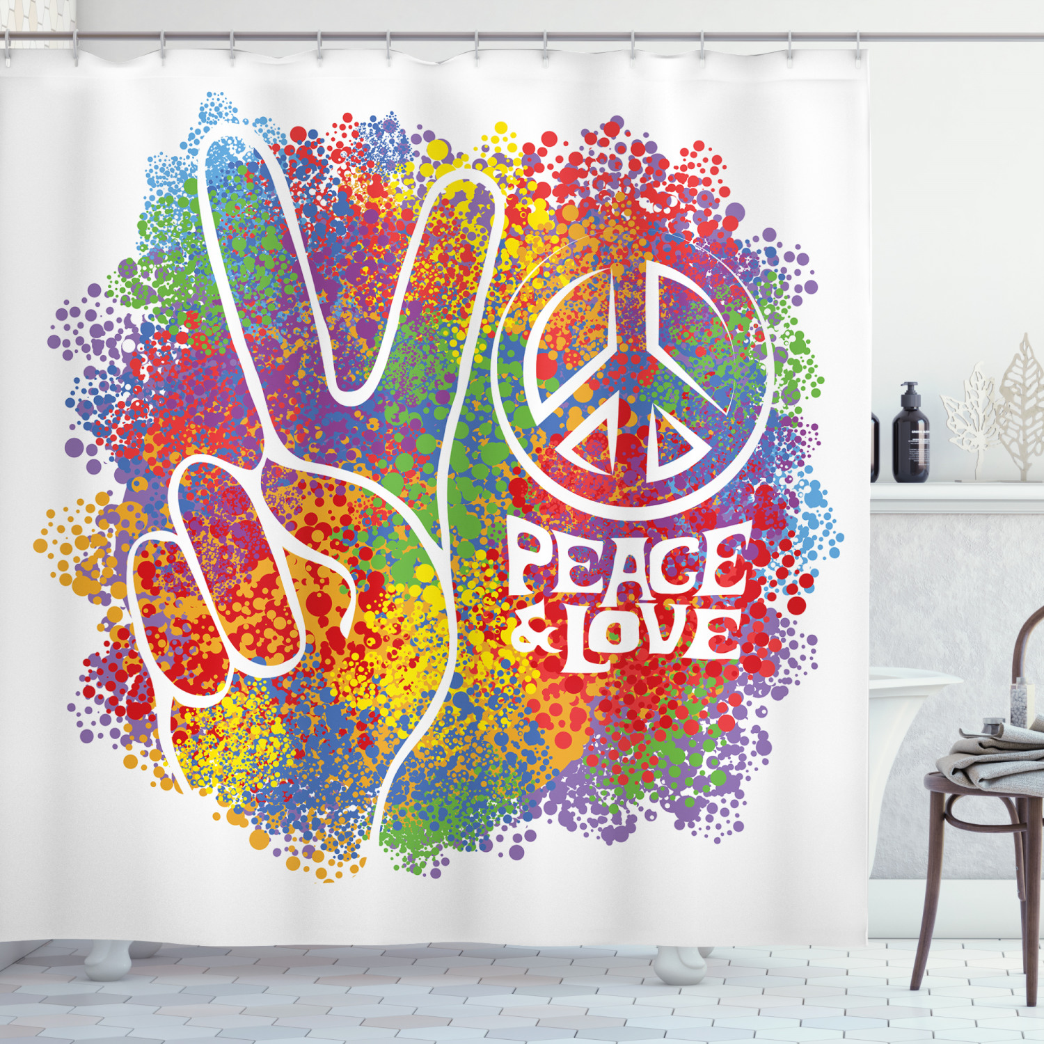 Ambesonne Hippie Shower Curtain, Peace Love Pacifism, 69"Wx75"L, Multicolor