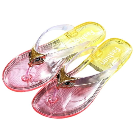 Womens Flip Flops Jelly Thong Sandals with Cute Fox Pattern Non-Slip Beach Shoes clear PVC Soft Durable