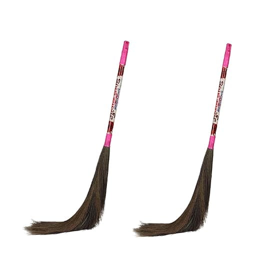Hari Ram Gulab Rai Clean Sweep, Gulab Floor Broom | Natural Soft - No Dust Grass Broom | Long Stick With Plastic Handle Phool Jhadu | For Home, Pantry & Office Cleaning - Pack Of 2