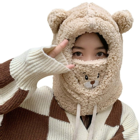 Yajing Scarf and Gloves Set for Women Beige One Size Women's New Winter Hat with Integrated Scarf and Thick Velvet for Riding Windproof and Cold Proof Warm Hood