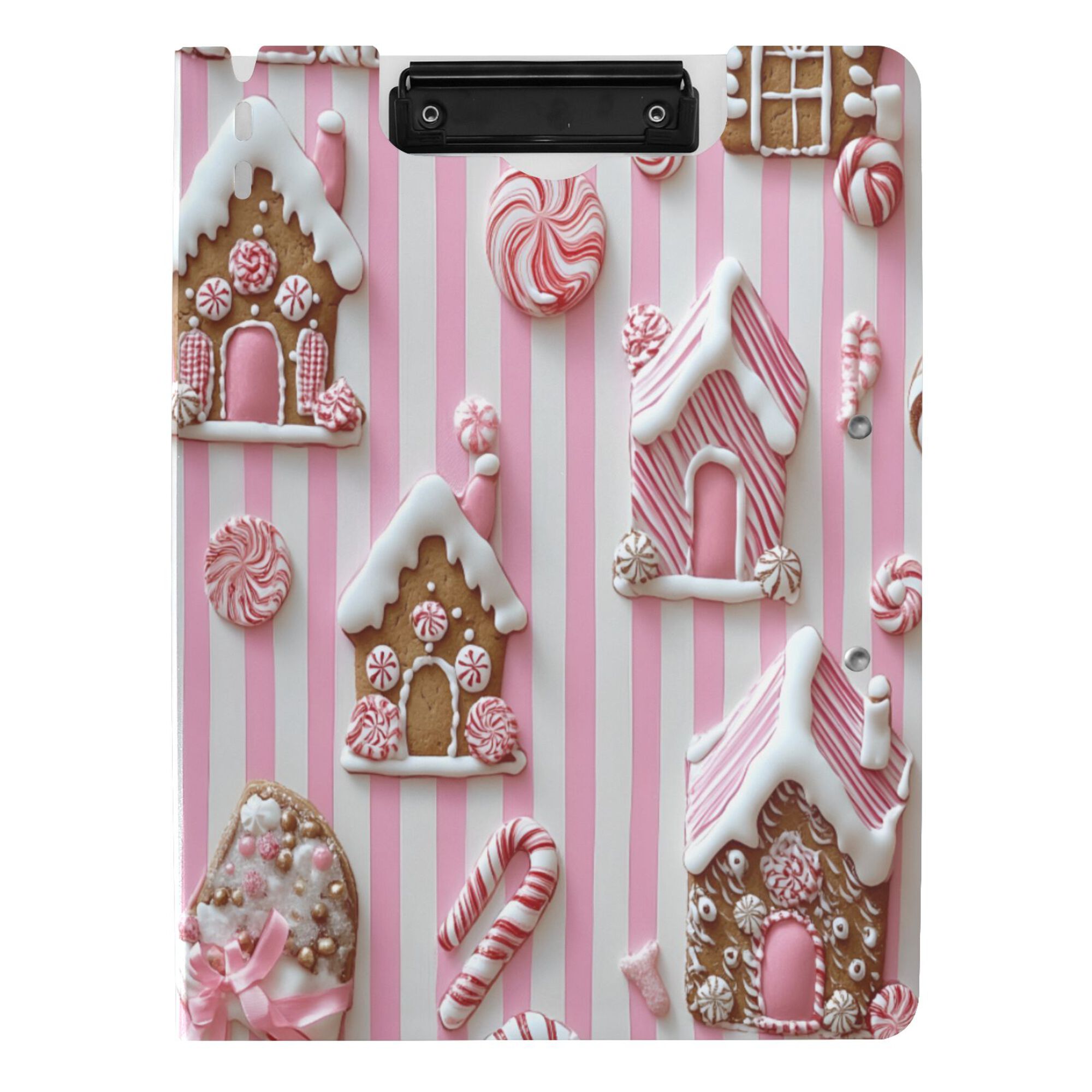 FORMRS A4 Clipboard Folder with Pen Holder Horizontal Foldable School Office Binder, Pink Gingerbread Houses