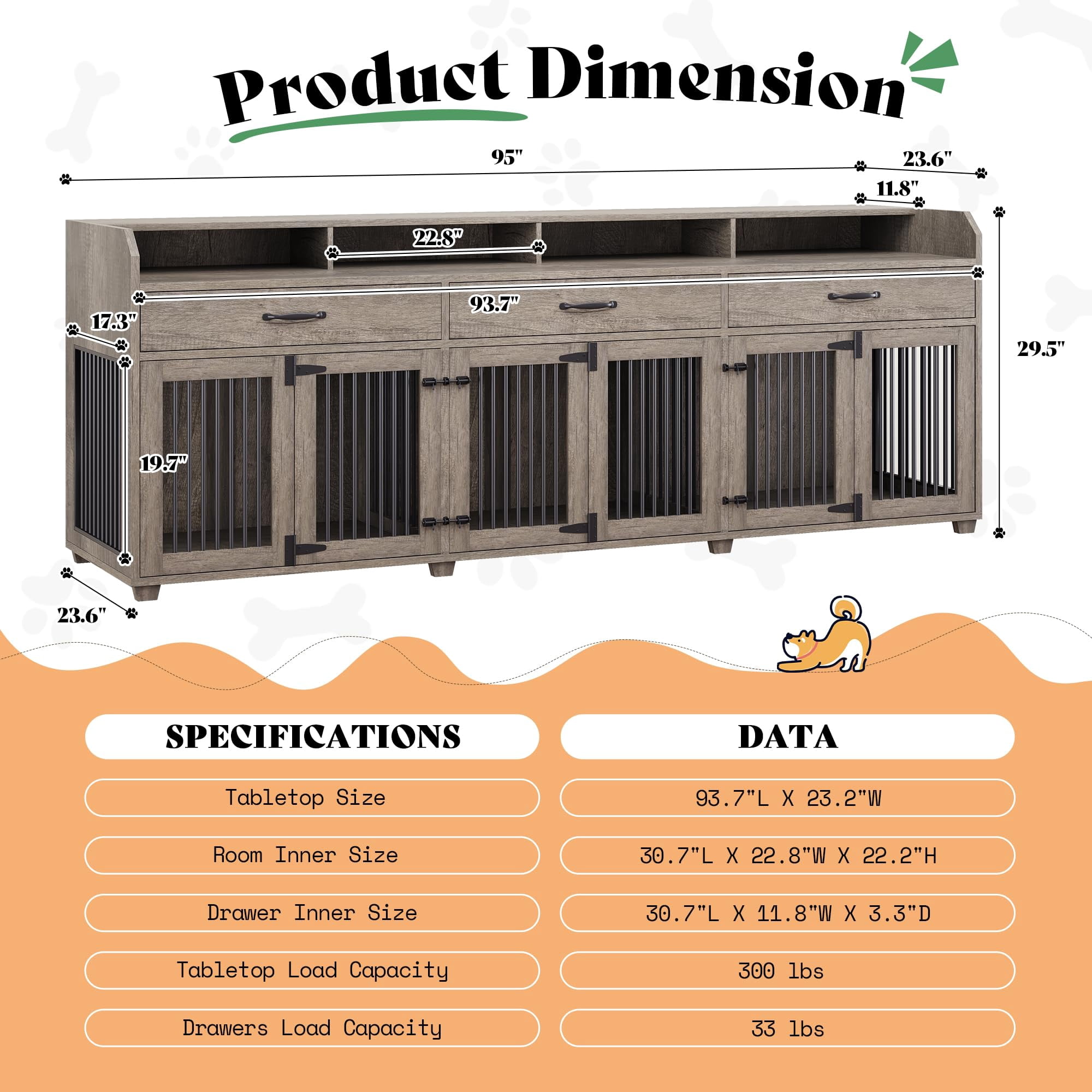 Merluxy 95" Large Dog Crate Furniture with Storage, 3-Room Indoor Wooden Dog Kennel for Large/Medium Dogs, TV Stand & Sideboard, Grey