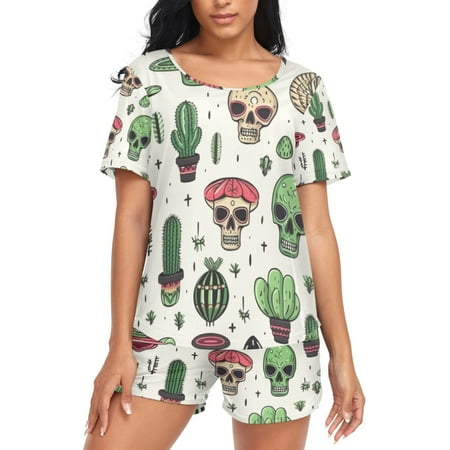 joogoo Women s Pajama Set Skull Head and Cactus Short Sleepwear Loungewear with Pockets XXL