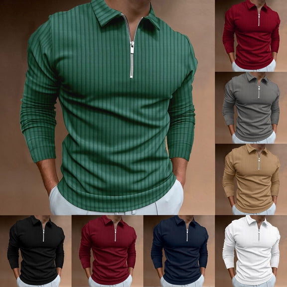 Miluxas Polo Shirts for Men Golf Shirts Long Sleeve Zip Up Lapel Business Smart Casual Tops Henley V Neck Rugby White