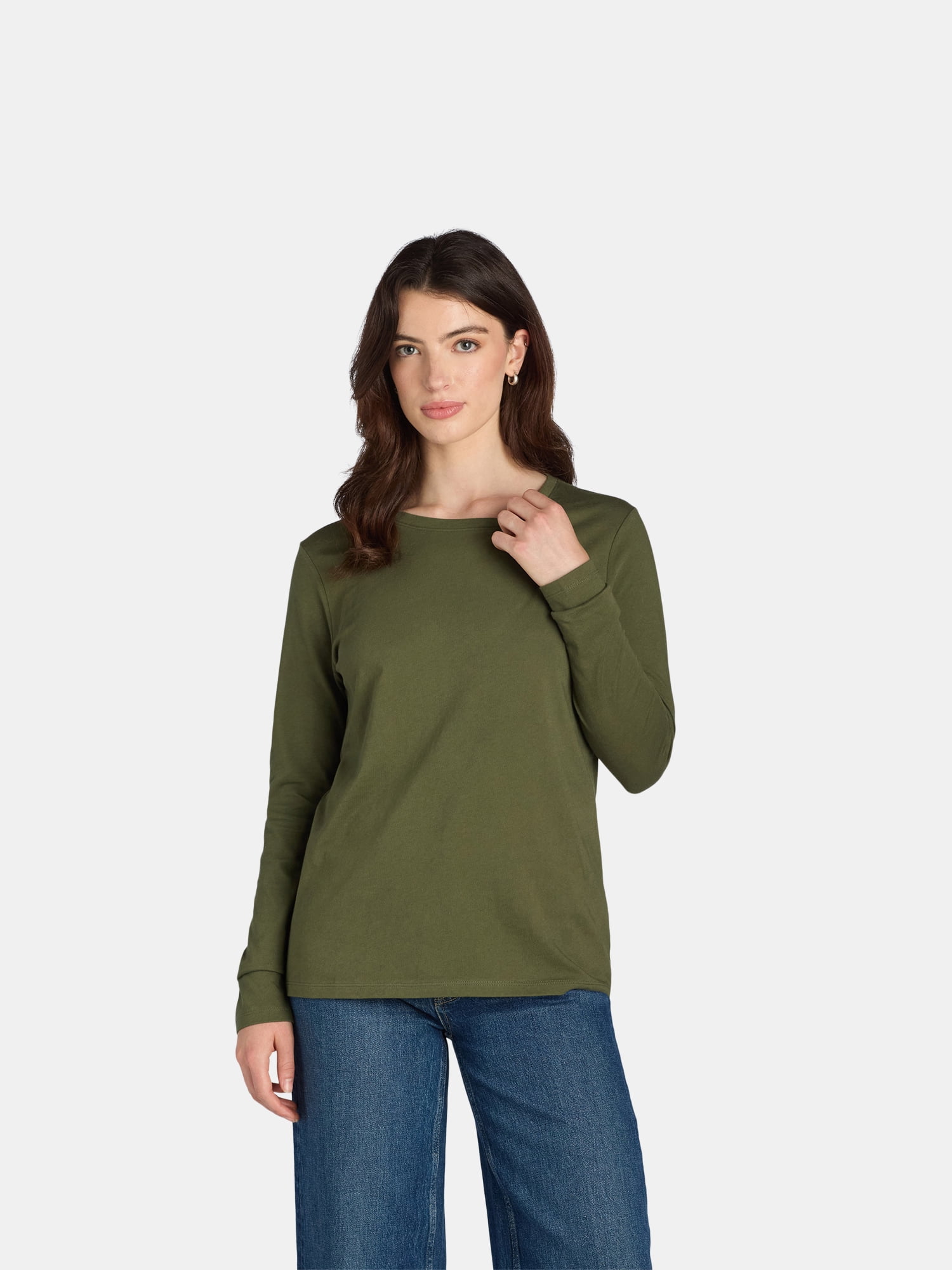 Time and Tru Women's Cotton Crewneck Tee with Long Sleeves, Single and 3 Pack, Sizes XS-XXXL