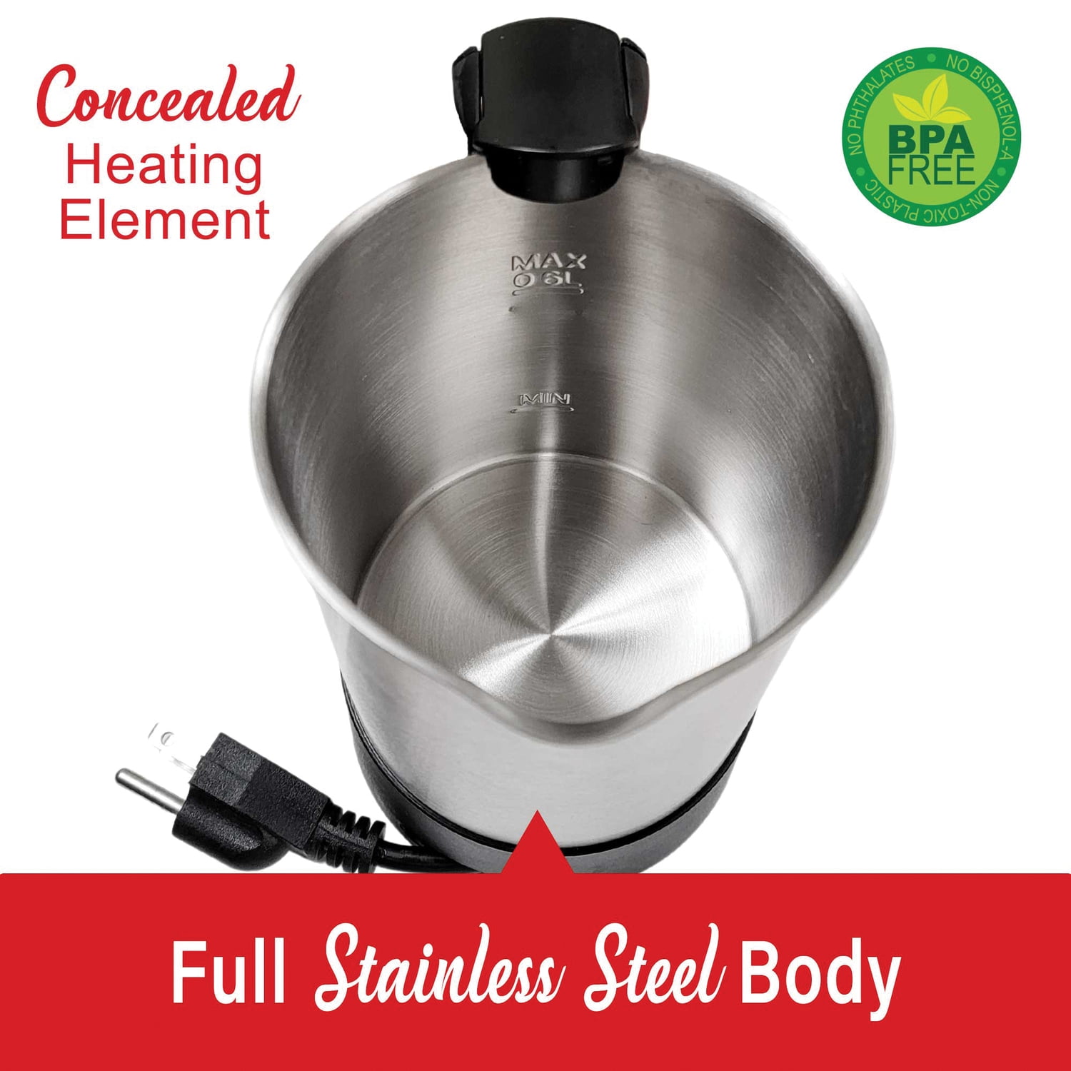 Brentwood 1000-Watt 20-Oz. Dual-Voltage Stainless Steel Electric Travel Kettle, Automatic Shutoff