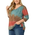 thumbnail image 4 of Unique Bargains Women's Plus Size Outfits Fashion Tie dye V Neck 3/4 Sleeve Tops 2X Multicolor, 4 of 6