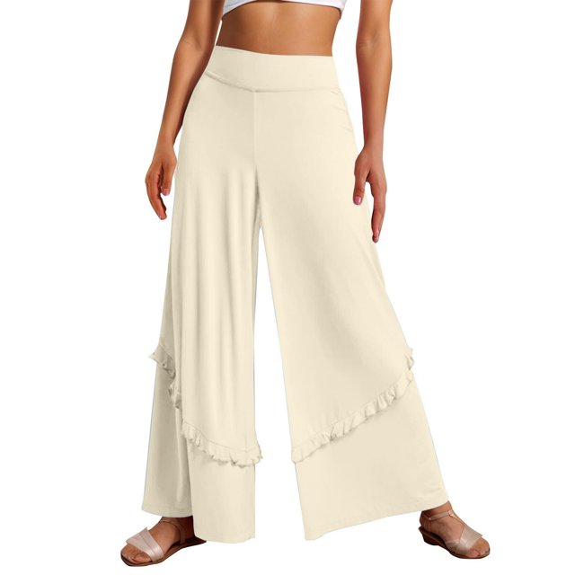 Timegard Wide Leg Pants for Women High Waist Ruffle Solid Color Vacation Travel Casual Loose Trousers