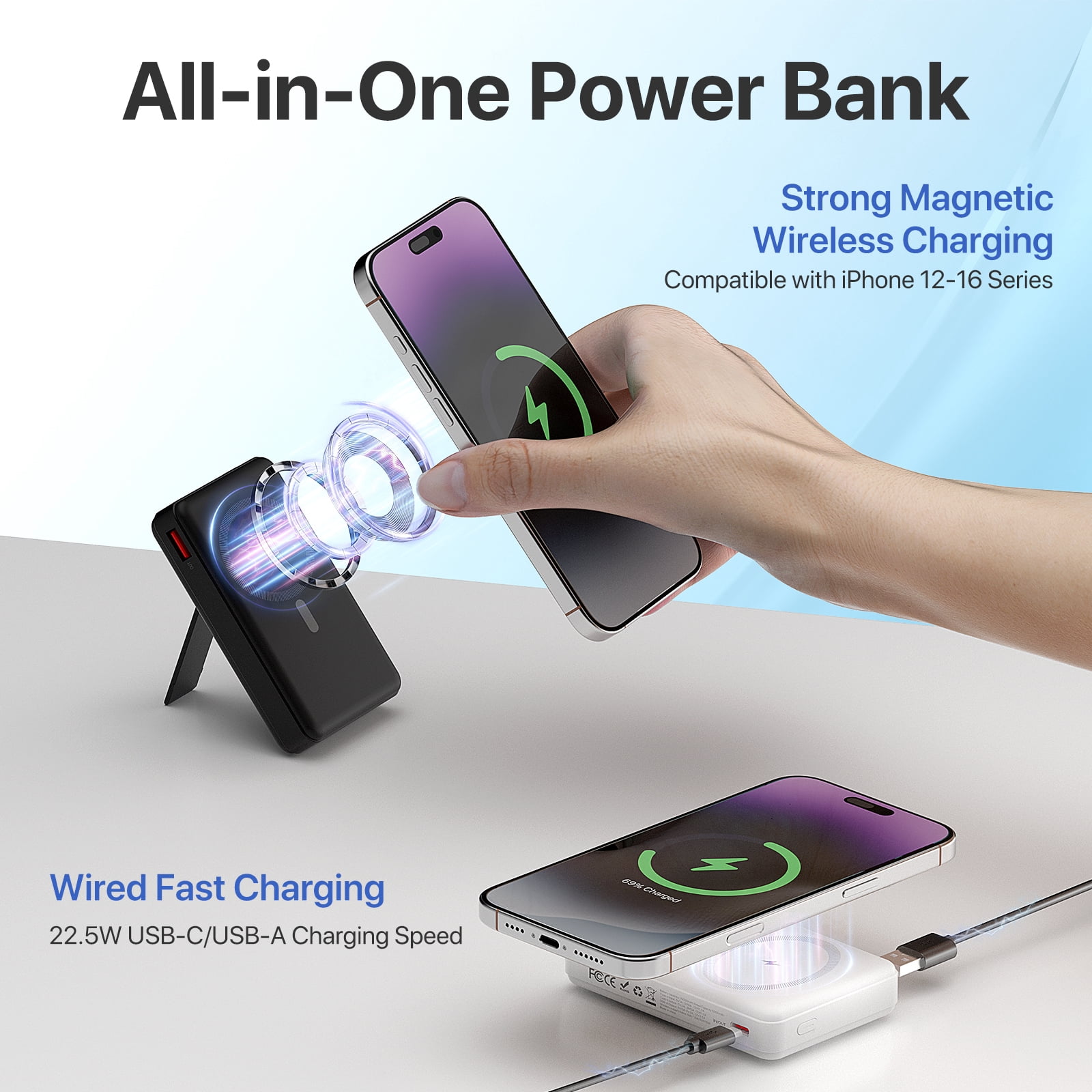 PGYOB 2 Pack Magnetic Power Bank 10000mAh, Wireless Power Bank, Portable Charger With 22.5W PD Fast Charging , LED Power Display for iPhone 15/16/14/13/12 Pro/Pro Max/Plus/Mini Series