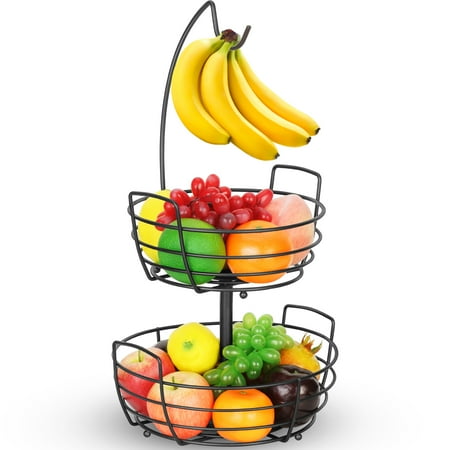 Bextsrack 2 Tier Fruit Basket Bowl with Banana Hook Countertop Portable Removable Fruit and Vegetable Organizer - Black