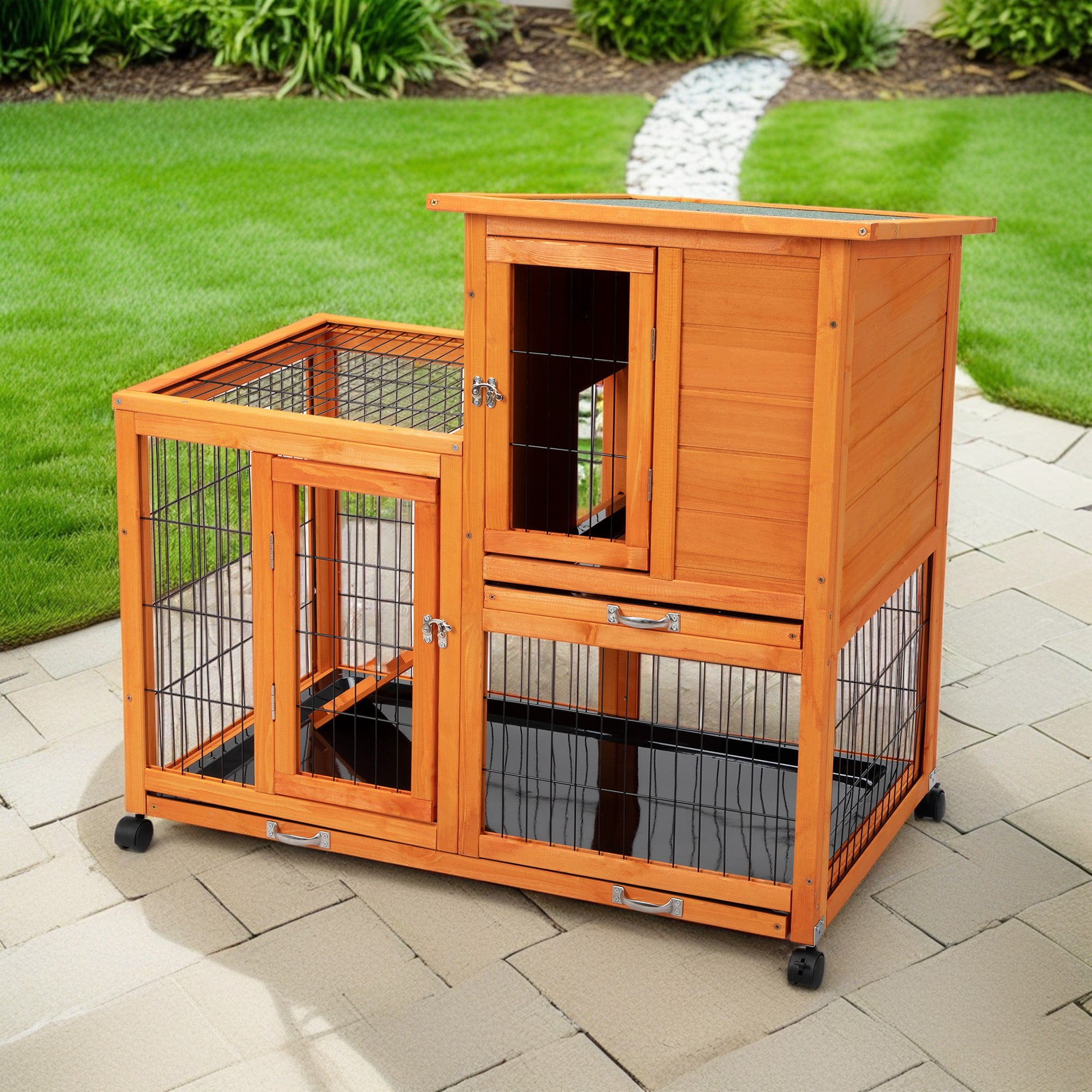 Pefilos 39" Wood Rabbit Hutch for Indoor, Outdoor Chicken Coop, Hen House with Removable Tray, Rolling Casters, Orange