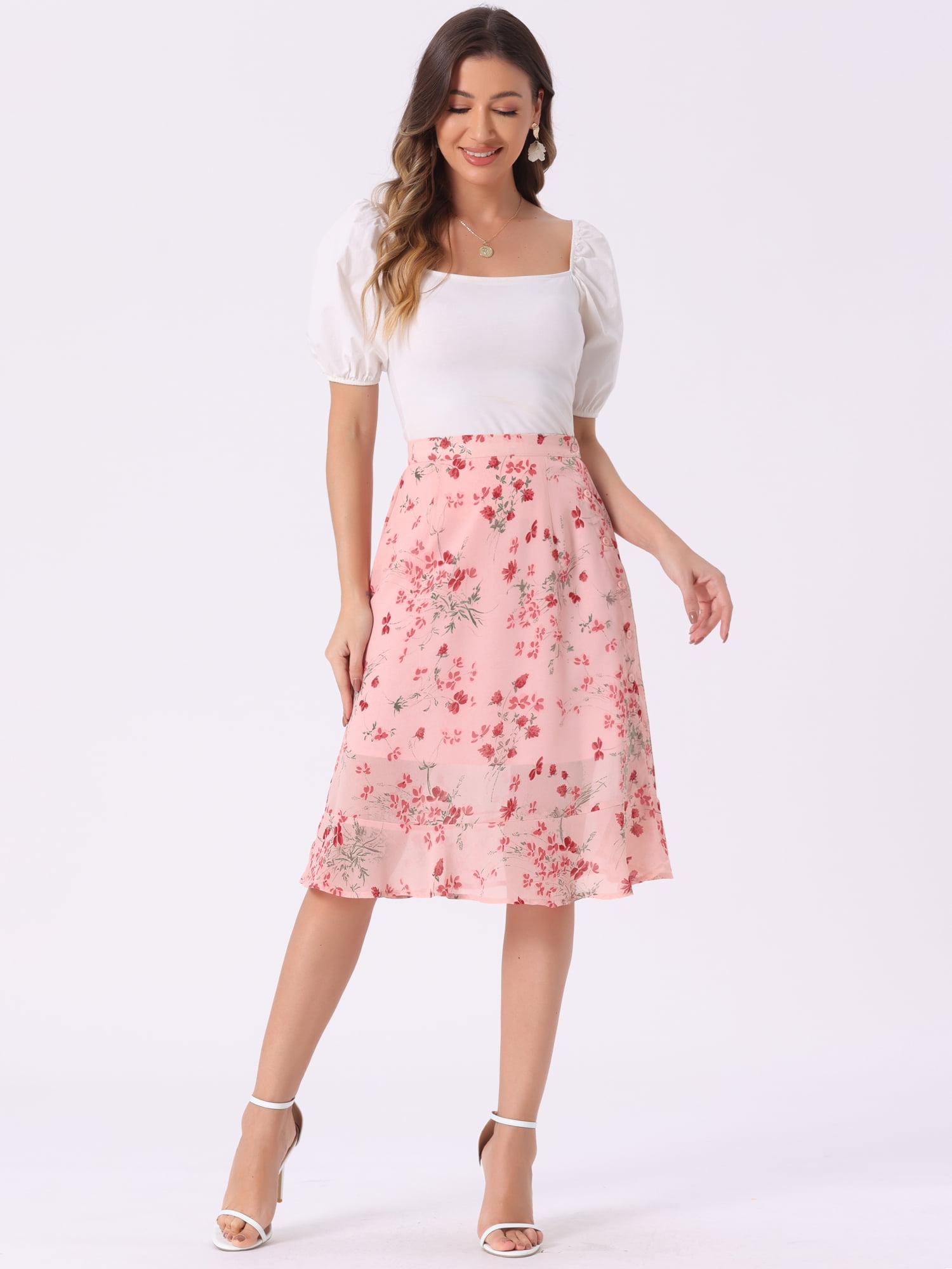 DARING DIVA Women's Floral Ruffle Hem Elastic Back Split Skirt XS Light Pink