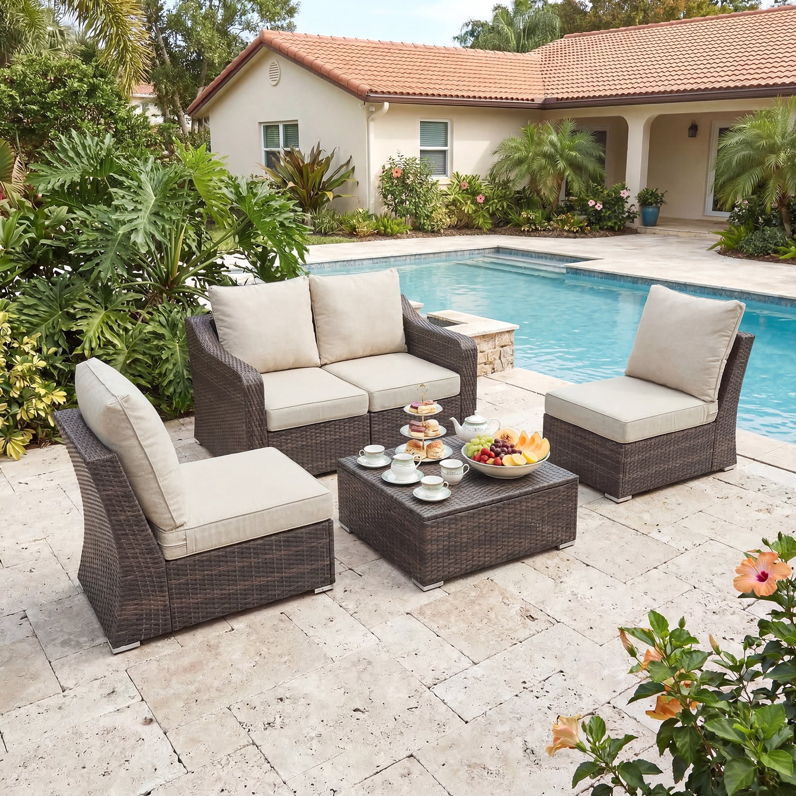 Aoodor 24 x 24 Inch Outdoor Seat Cushion, Water-Resistant & Fade Resistant Deep Seat and Back Cushion with Removable Cover for Patio Furniture Chair, Sofa and Couch, Cream Beige