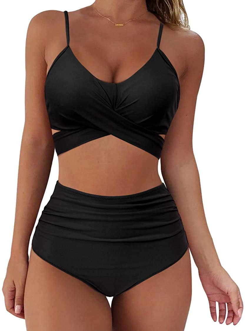 Amazon Damen Sport- & Bademode Bademode Bikinis High-waisted Bikinis Damen Ladies High Waist Balcony Bikini-Set Black S 
