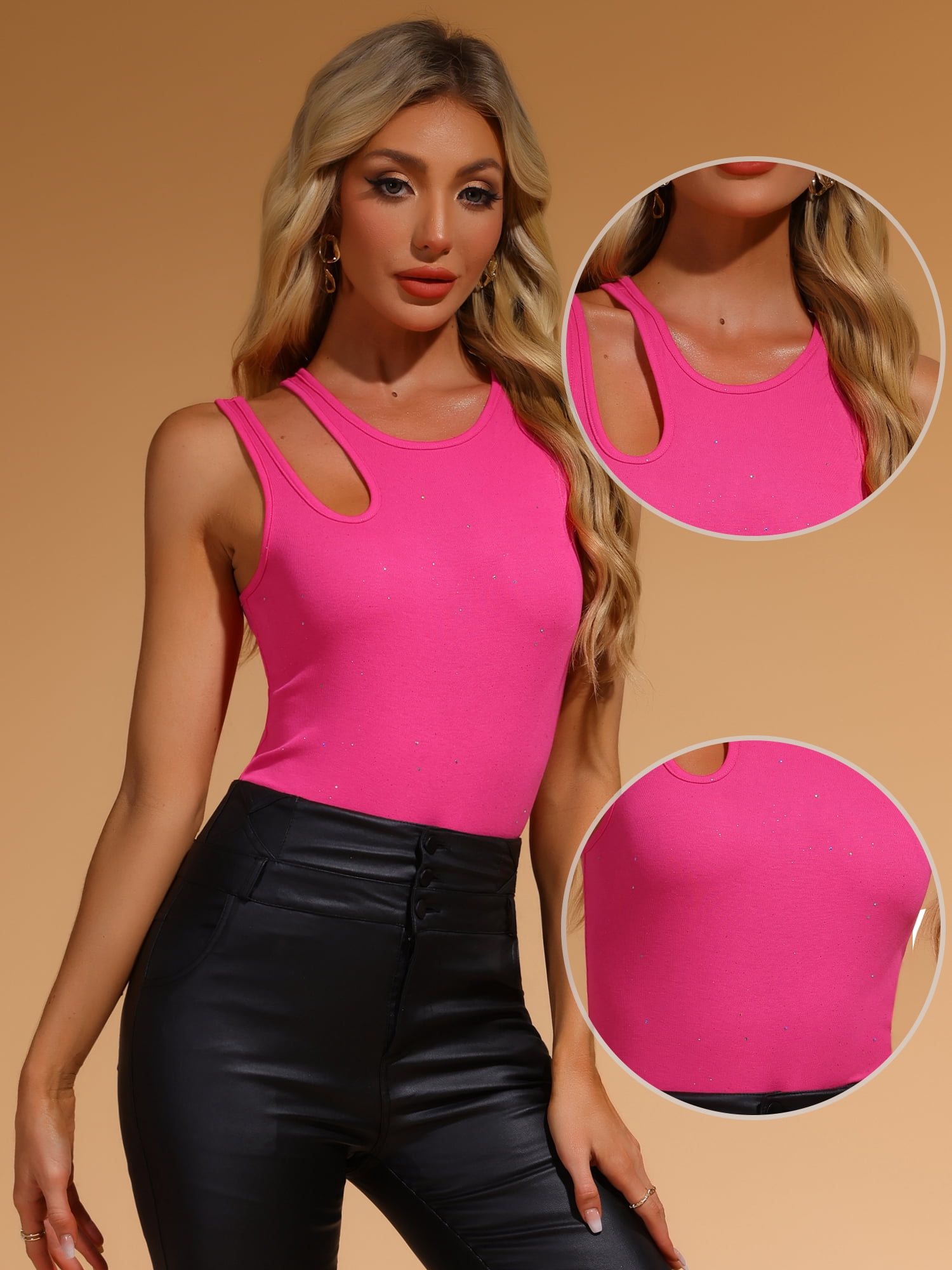 DARING DIVA Women's Slim Fit Gilding Shiny Ribbed Body Suits M Hot Pink