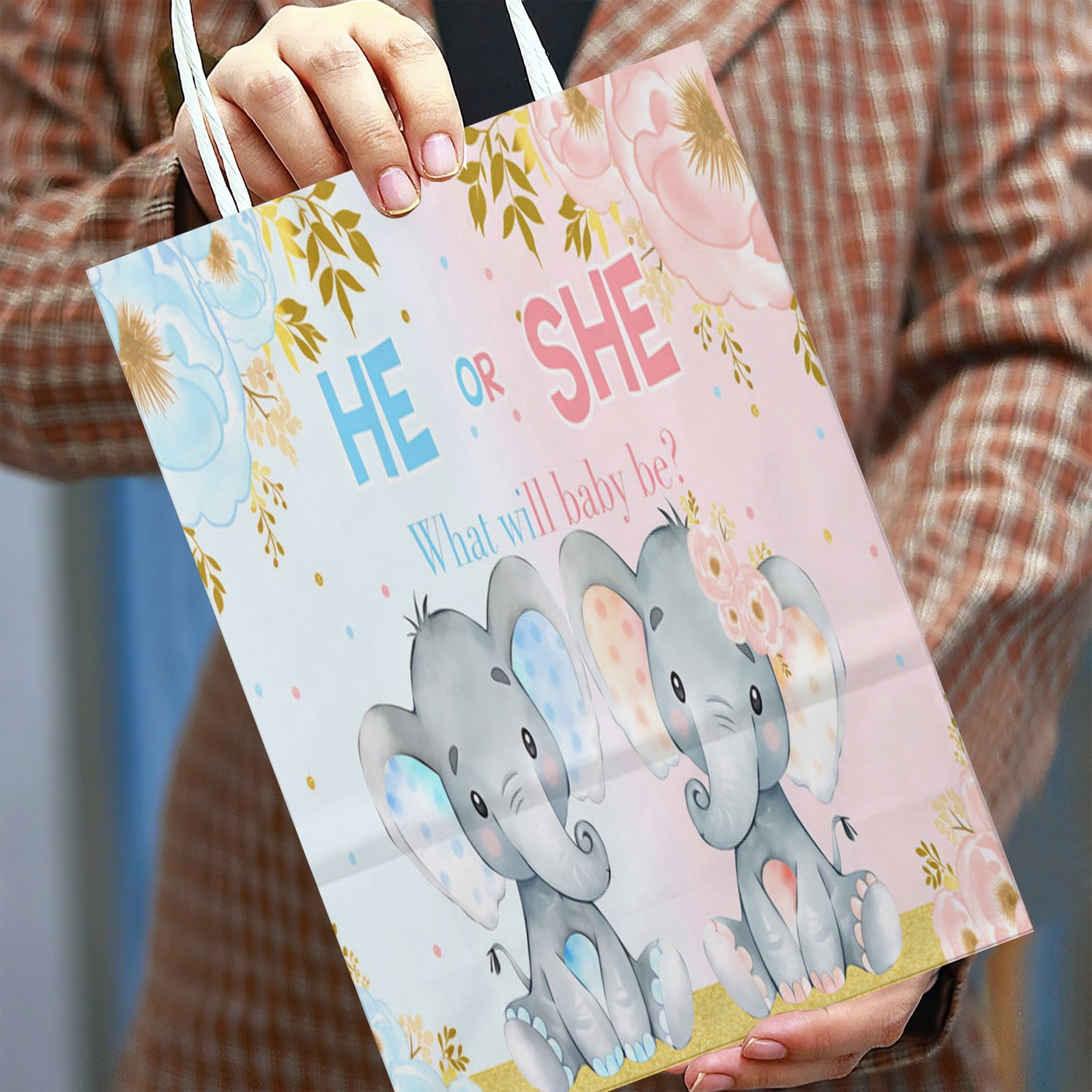 YAHAFEPY 20Pcs Baby Elephant Party Favor Bags for Girl or Boy Gender Reveal Supplies Blue and Blush Pink Floral Baby Shower Party Decorations