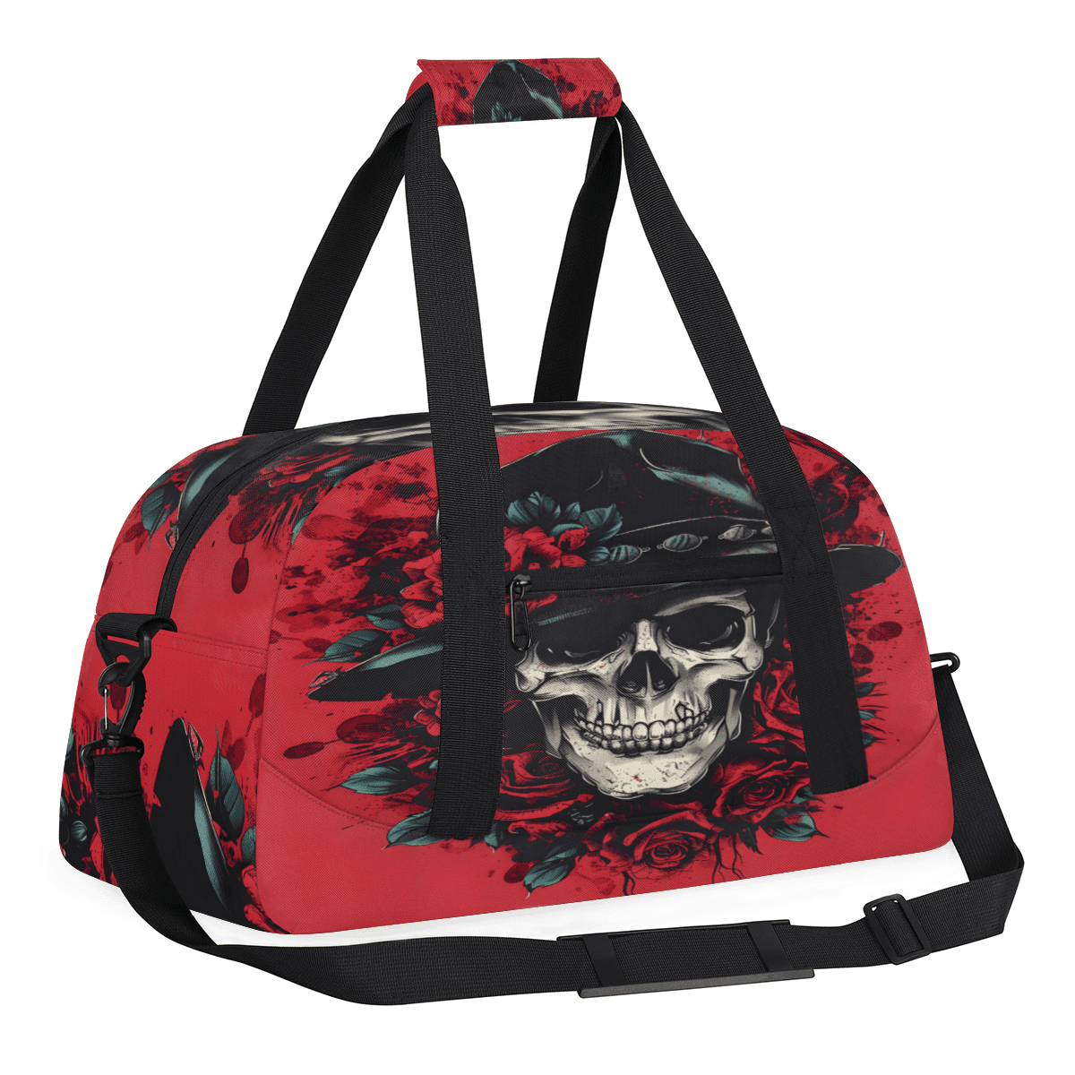 Herdesigns Gothic Skull Skeleton Sports Duffle Bag for Women & Men, Red Rose Gym Bag Dance Bag Overnight Bag Carry On Weekender Travel Bag