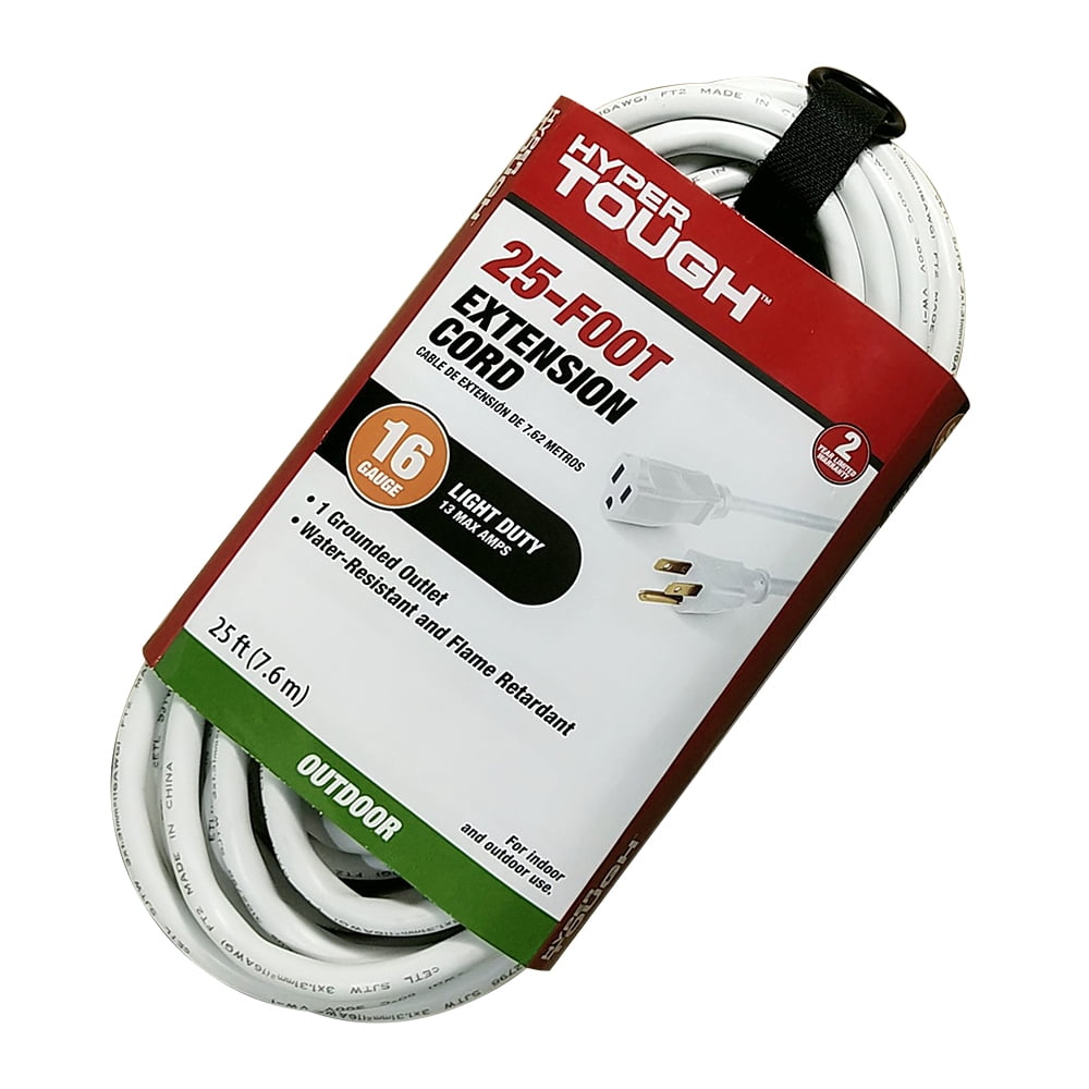 Hyper Tough 25FT 16AWG 3 Prong White Single Outlet Outdoor Extension Cord