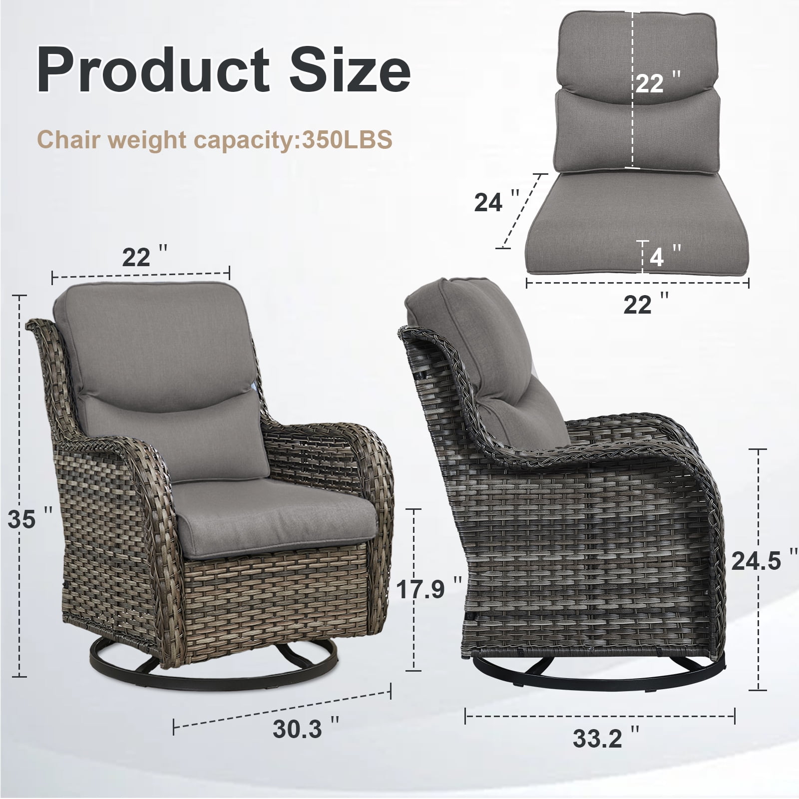POCASSY Outdoor Swivel Chair Set of 4, All Weather Gray Wicker Patio Swivel Chairs Set with High Back and Thick Cushion for Garden Balcony Porch - Gray/Gray