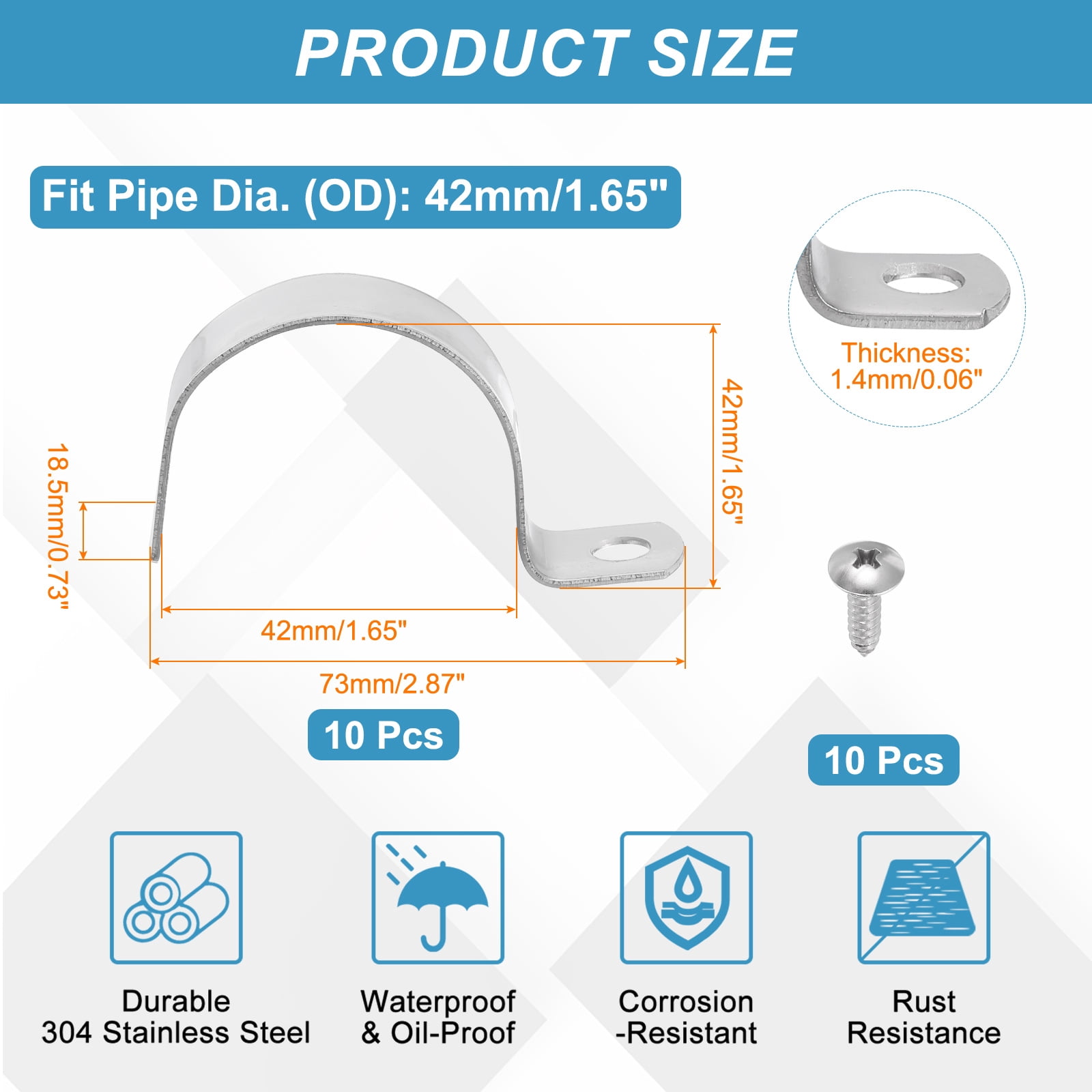 Uxcell 10Pcs 1.7" Pipe Strap, 1 Hole Pipe Clamp 304 Stainless Steel Rigid Conduit Clamp U Bracket Heavy Duty with Self-Tapping Screws for Tube Installation, Silver