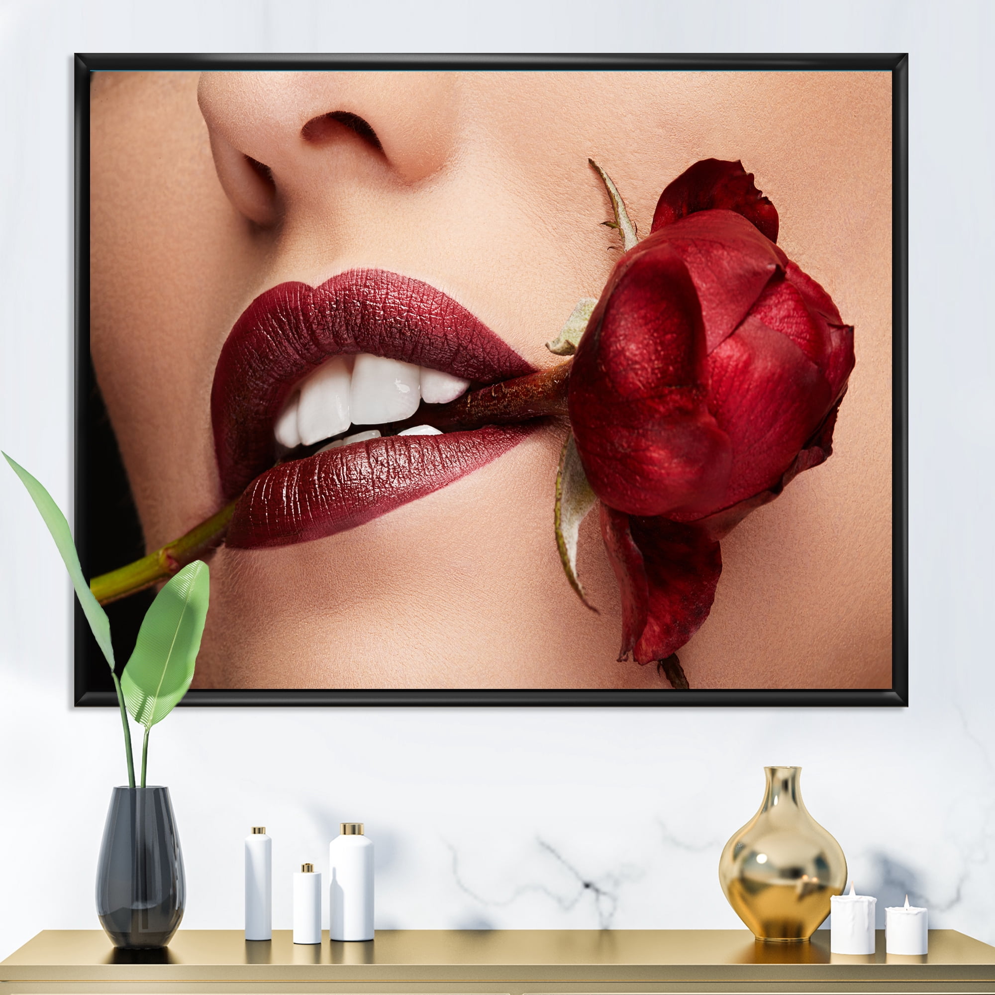 Designart 'Girl With Red Lipstick Holding A Rose In Mouth' Modern Framed Canvas Wall Art Print