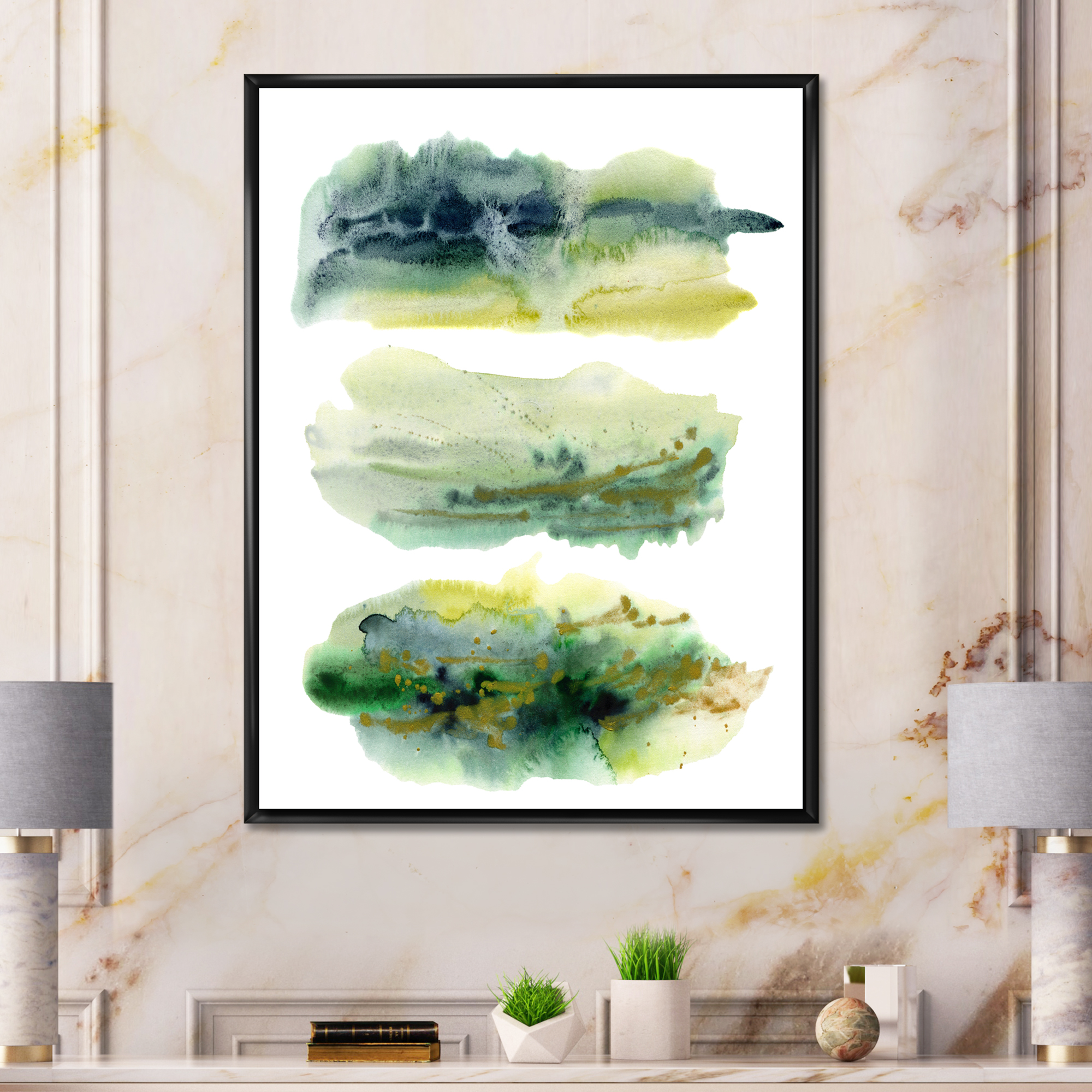 Designart 'Golden Green Abstract Clouds I' Modern Framed Canvas Wall Art Print