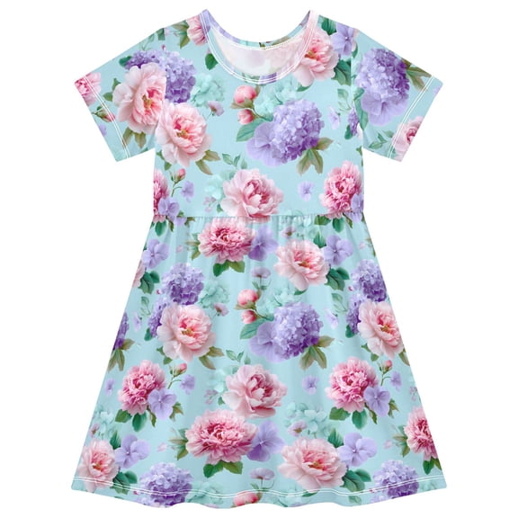joogoo Peony Flower Hydrangea Girls' Short Sleeve Dress Kids Dresses 5-6T