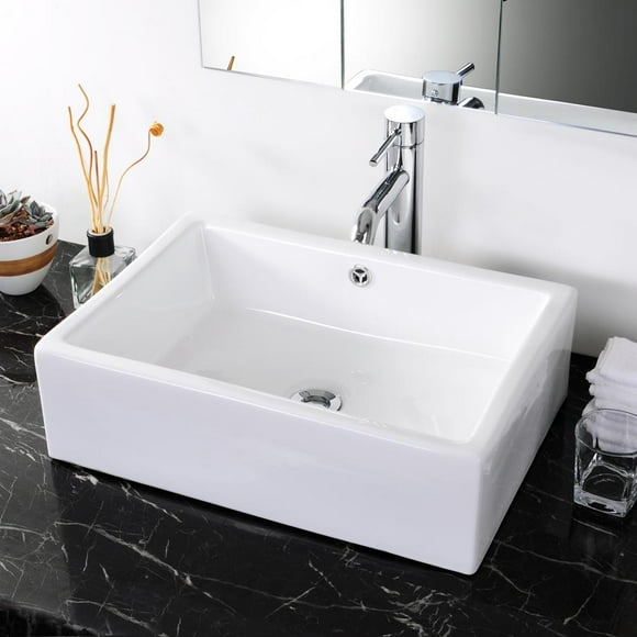 Aquaterior Rectangle Blanc Porcelaine Céramique Évier de Salle de Bain avec Drain Chromé et Trop-Plein
