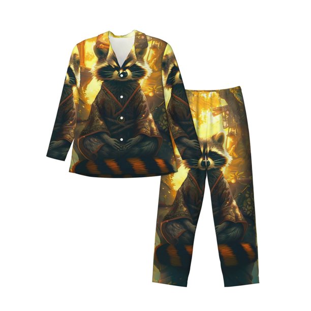 Balery Tree Meditating Raccoon Pijama para Hombre de Dos Piezas con Manga Larga, Conjunto de Dormir y Descanso Suave con Bolsillos-XX-Large