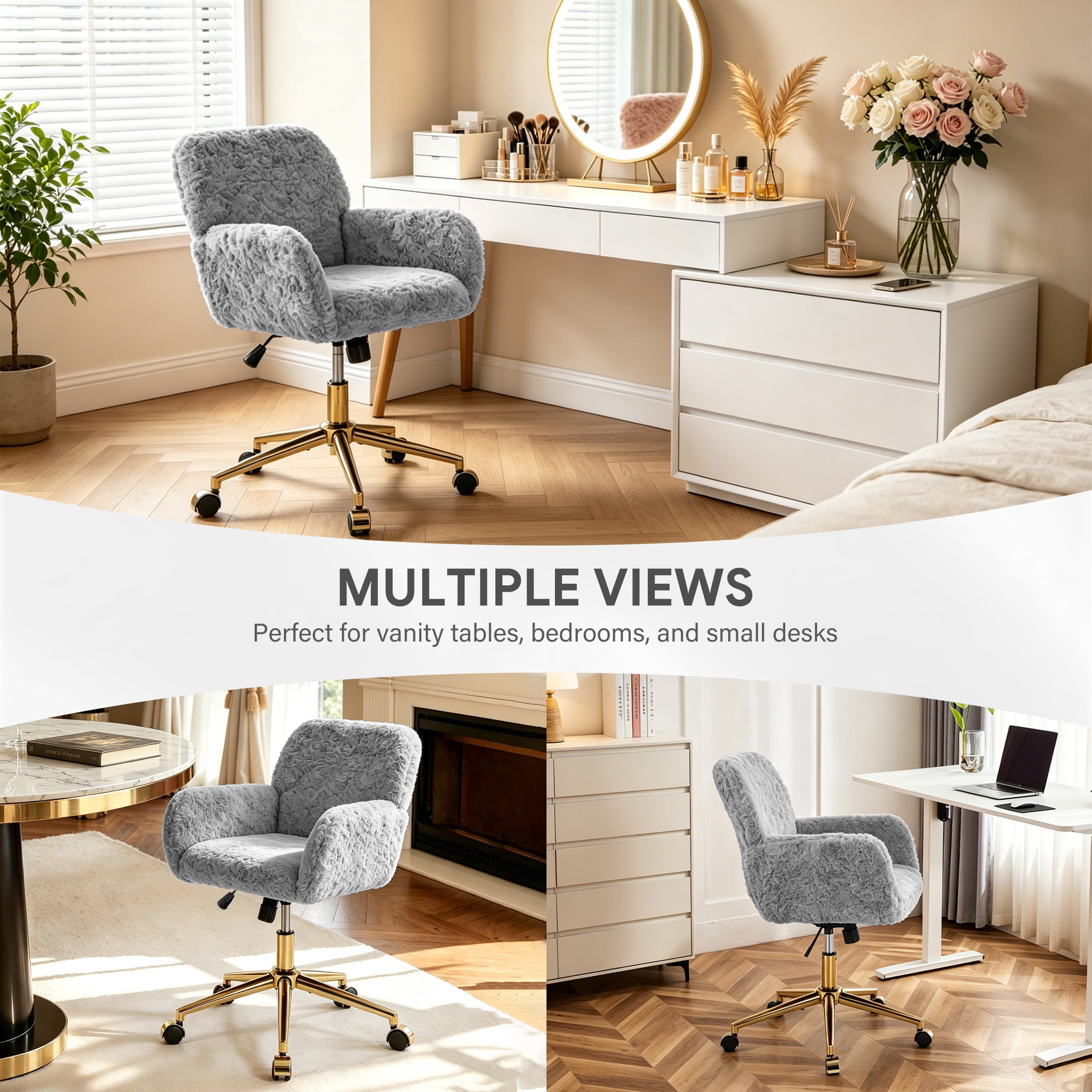 PAPROOS Vanity Chair with Back, Adjustable Swivel Makeup Desk Chair with Wheels and Arms, Fluffy Home Office Task Chair with Artificial Rabbit Hair for Bedroom, Dorm, Study Room, Gray
