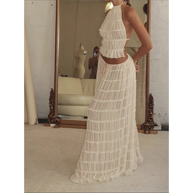 Conjunto de falda larga con pliegues para mujer, Top corto sin mangas con espalda descubierta y cuello Halter, conjunto de 2 piezas con cordón, novedad de 2024