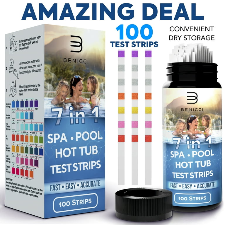 Benicci 7 in 1 Pool and Spa Test Strips Kit 100 Accurate Test Strips for Spa, Swimming Pool and Hot Tubs - Fantastic for Homes or Commercial Use and Perfect
