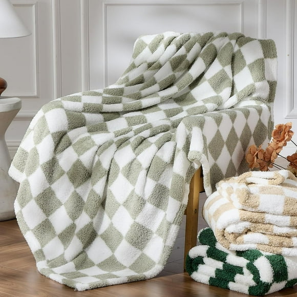 shiyou-Knitted Sage Green White Checkered Blanket Super Soft Plush Throw for Couch Fuzzy Fluffy Microfiber Lightweight Blanket for Bed Sofa All Season Use (Sage Green White, Throw(50"x60"))