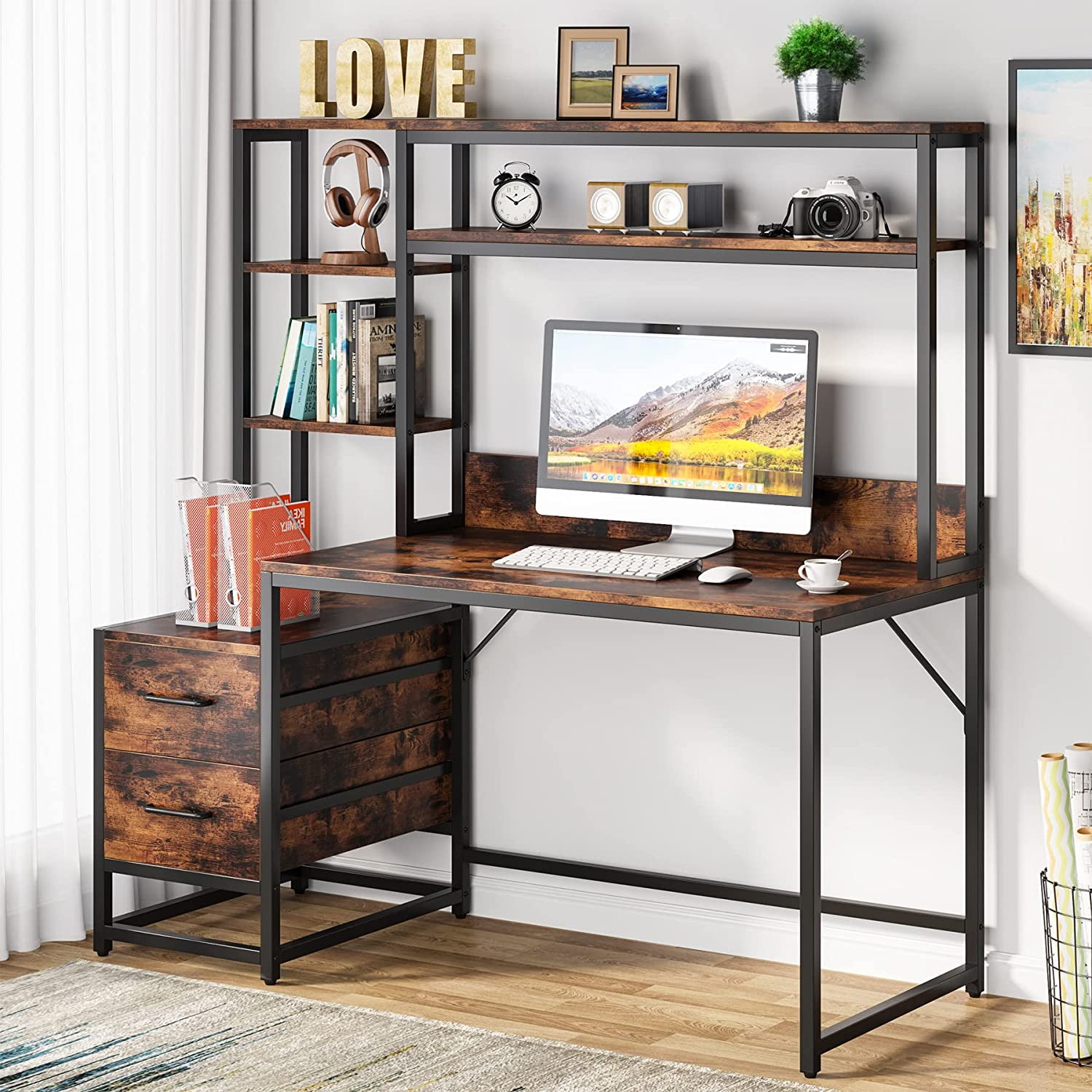 55 Inch Computer Desk with 2 Drawers and Storage Shelves, Rustic Office Desk with Hutch, Study Writing Gaming Table Laptop Workstation for Home Office (Brown)