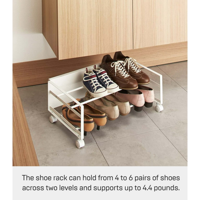 Yamazaki Home Rolling Shoe Rack White Steel Holds 4 shoes 6 heels Supports 4.4 pounds Wheels Minimal Assembly