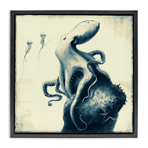 Stupell Industries Coastal Vintage Octopus & Jellyfish Black Floating Frame Canvas Art, 18 x 18, by Vlad Mel