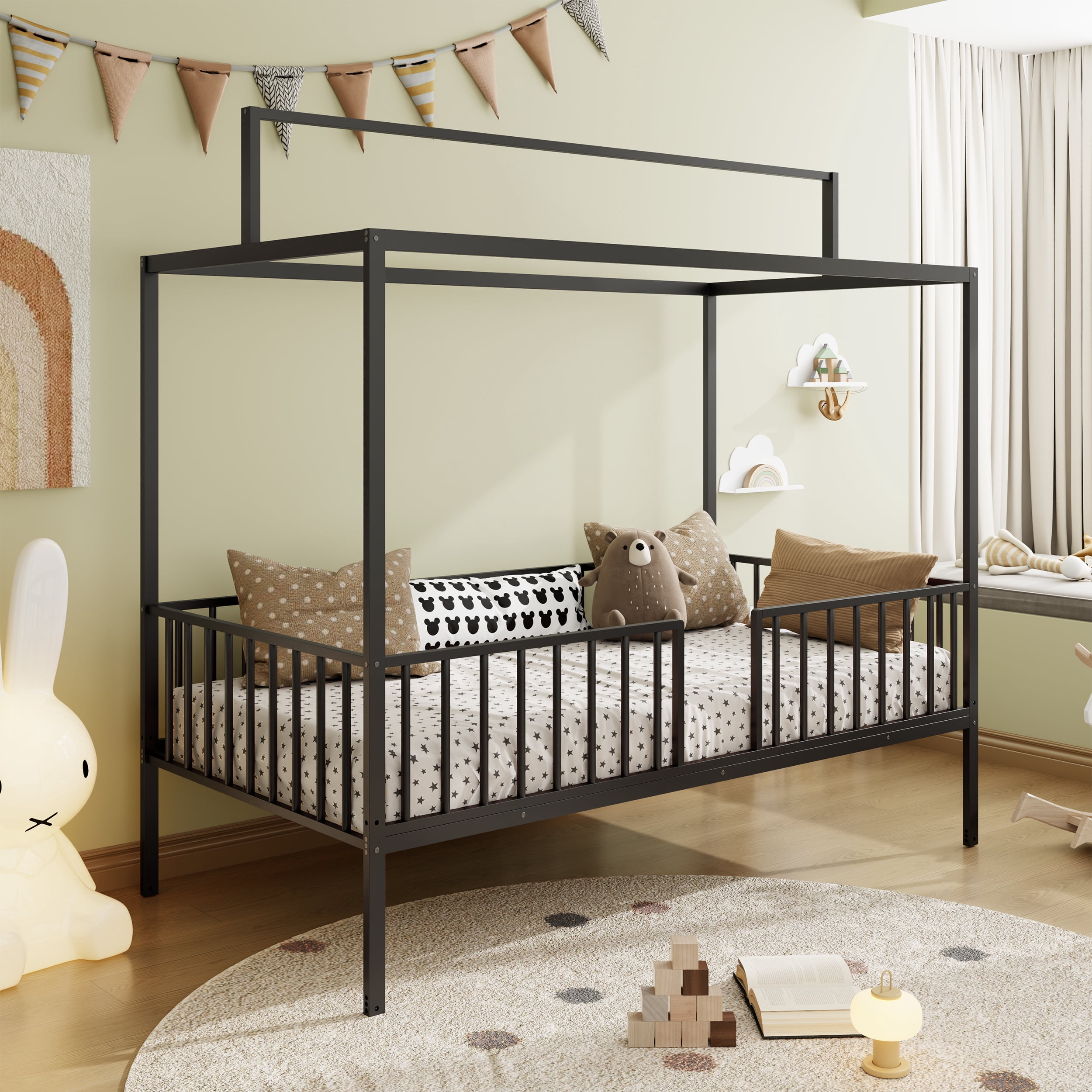 Euroco 3-in-1 Convertible Montessori Metal Bed, Toddler Bed, Floor Bed, Platform Bed,Modern Minimalist Design Canopy Bed Flame, Easy Assembly, Twin Size, Black