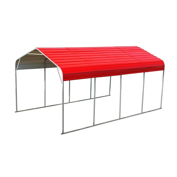 12x20FT Reinforced Metal Carport, Heavy Duty Steel Structure with Support Beams, Spacious Car Shelter for Boats/Tractors, All-Weather Use, Red