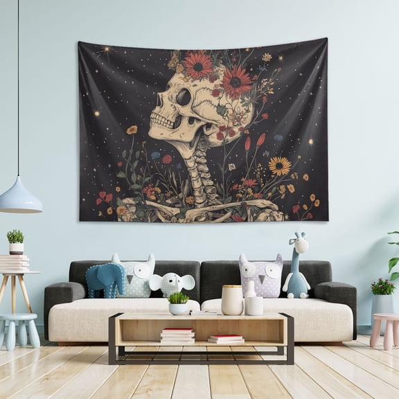 Yayeee Tapestry Wall Hanging for Bedroom 60" x 40" Living Room Home Wall Art Decor, Skeleton With Flowers Pattern