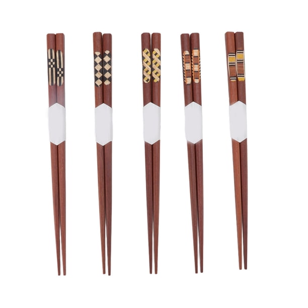 5 pares de palillos de madera de sándalo rojo con patrón acanalado, palillos chinos reutilizables naturales
