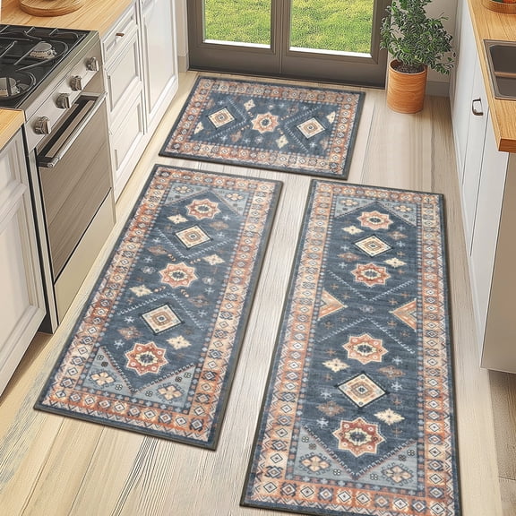 MeyJey Vintage Kitchen Rug Set, 3 Piece Non-Slip Kitchen Mat Machine Washable Runner Rug for Home Floor and Living Room, Navy/Tan
