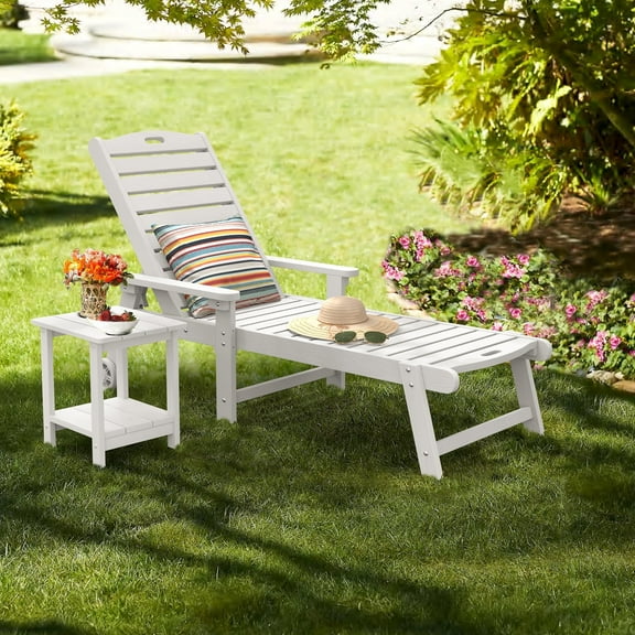 Dycanpo Lounge Chair Outdoor Set of 2, Resin Chaise Lounge with Wheels & Adjustable Backrest, White