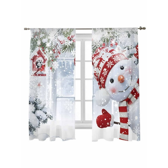 Christmas Sheer Curtains 72 Inch Long 2 Panels, Cute Red Snowman Xmas Pine Leaf Winter Snowflake Light Filtering Rod Pocket Semi Sheer Curtains, Sheer Voile Drapes for Living Room Bedroom, 52"x72"