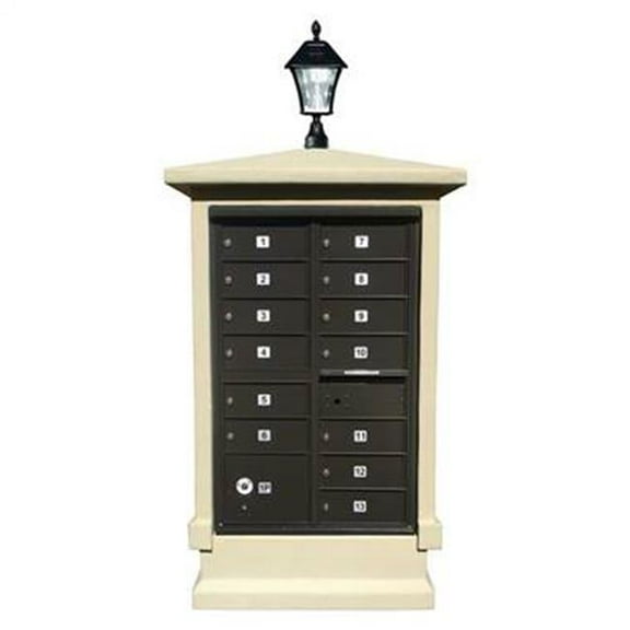 QualArc EVMC-SHRT-SS-SL 70 x 42 x 30 in. Estateview Stucco Cluster Box Unit Mailbox Center Column & Short Pedestal with Bayview Solar Lamp, Sandstone