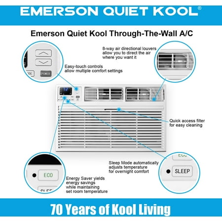 Emerson Quiet Kool 230V 10,000 BTU Smart Through-the-Wall Air Conditioner with Remote, Wi-Fi, and Voice Control
