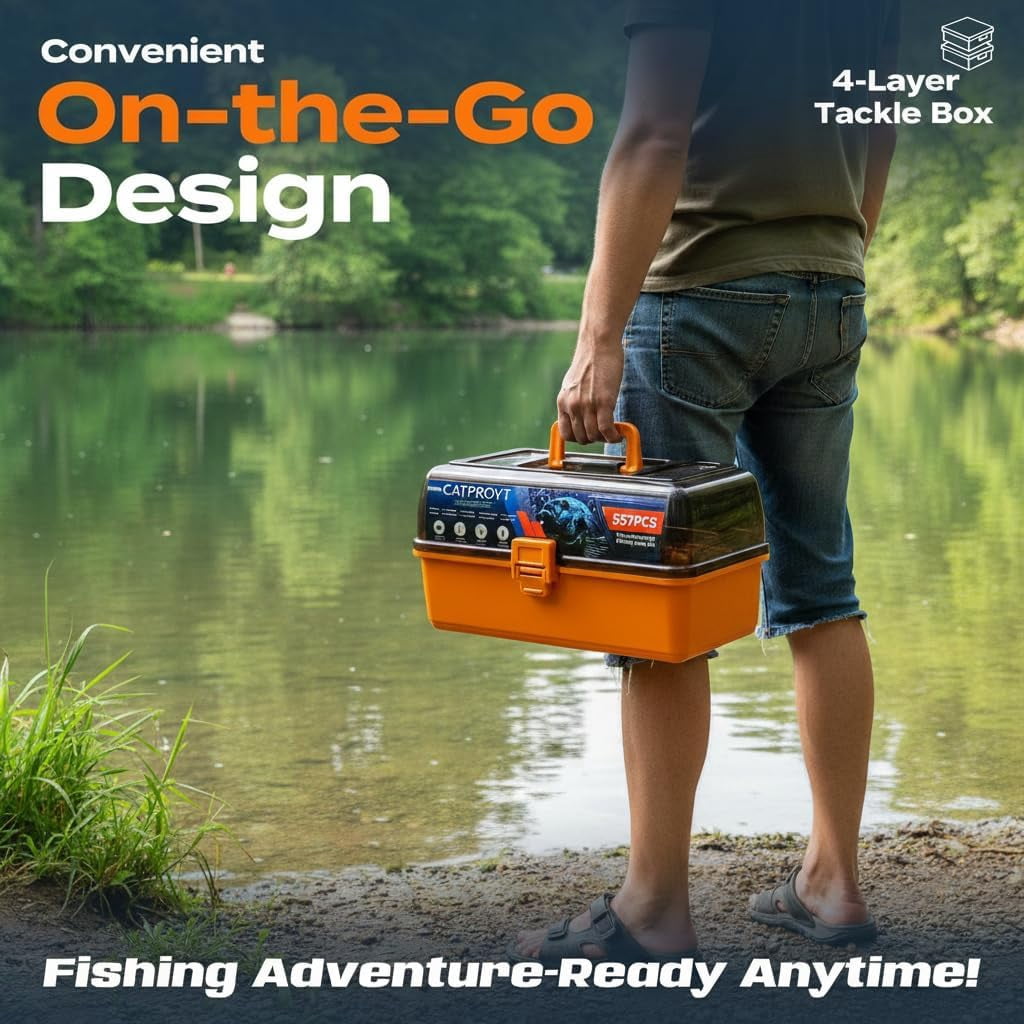 Large 4-Tray Tackle Box Organizer with 557Pcs Fishing Kit, Portable Fishing Accessories for Men Kids
