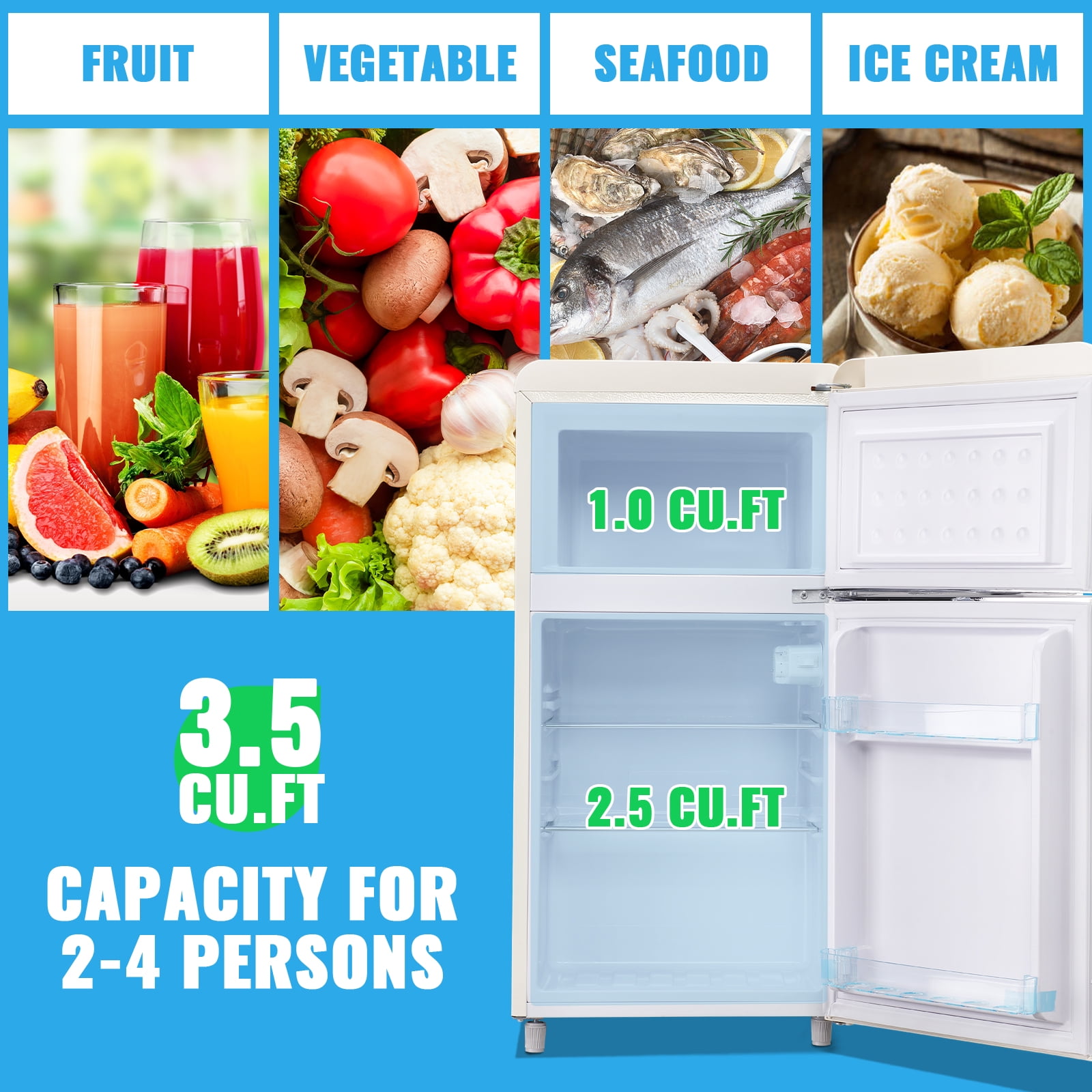 DEMULLER 3.5 Cu.ft Mini Fridge with Double Door Small Refrigerator Drinks Holder Apartment Size 19.3 Width White