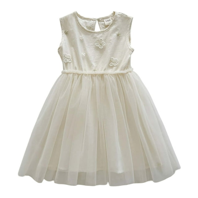 Robes Décontractées pour Filles Tout-Petits Été en Maille Broderie Papillon Col Rond Sans Manches Danse Fête Robe d'Été Tenue de Vacances, Beige, 4-5 Ans