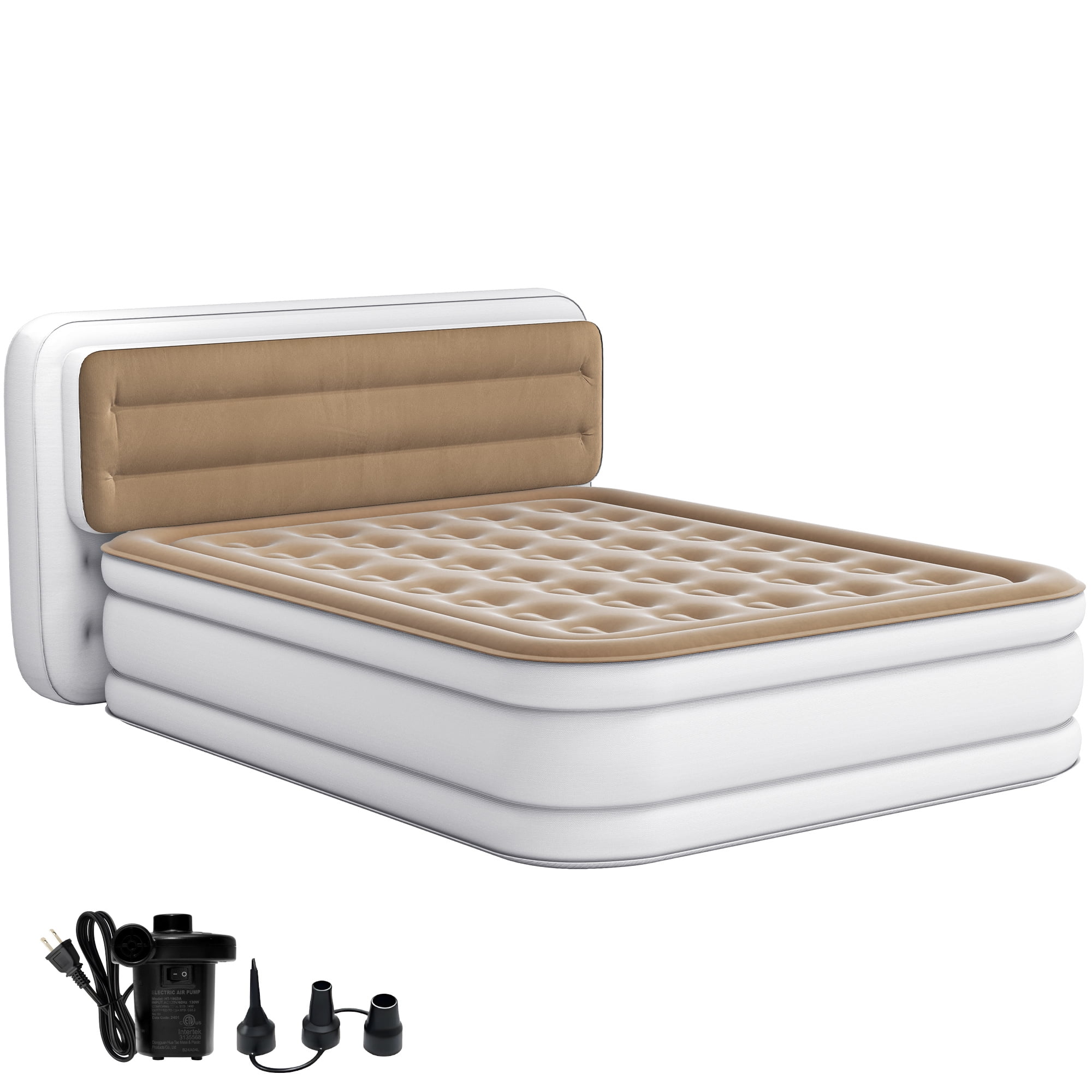 Uforic 18" Queen Air Mattress with Banded Headboard, Flocked Top Inflatable Air Bed with Pump, Portable Blow Up Mattress for Home Camping Guests, Brown